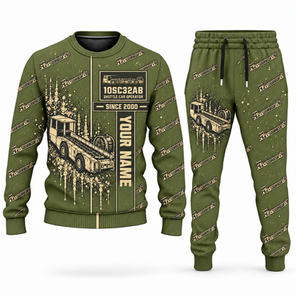 Personalized 10SC32AB End-Drive Shuttle Car Operator Combo Sweater + Jogger in olive, sweater and jogger artwork with YOUR NAME and SINCE 2000 sample text.