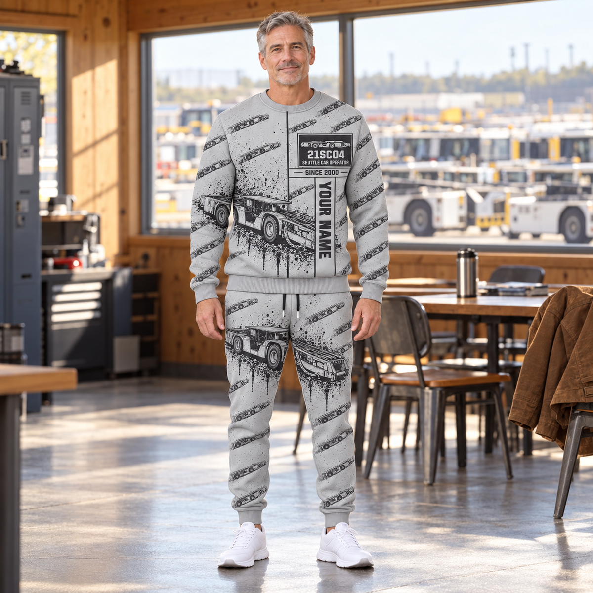 Personalized 21SC04 Low-Seam Shuttle Car Operator Combo Sweater + Jogger in Light Gray, sweater and jogger artwork with YOUR NAME and SINCE 2000 sample text.