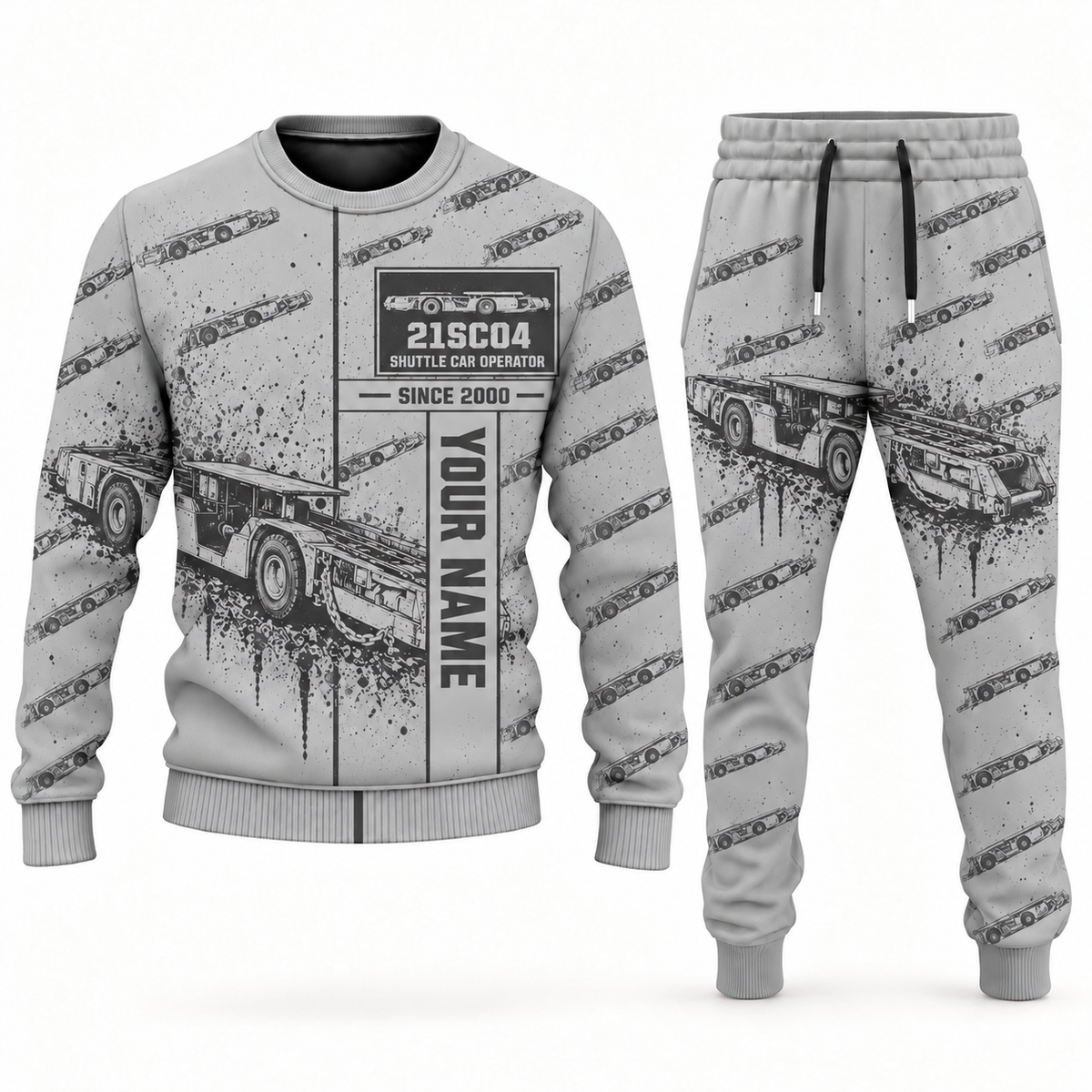 Personalized 21SC04 Low-Seam Shuttle Car Operator Combo Sweater + Jogger in lightgray, sweater and jogger artwork with YOUR NAME and SINCE 2000 sample text.
