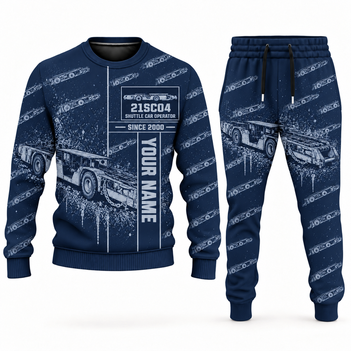 Personalized 21SC04 Low-Seam Shuttle Car Operator Combo Sweater + Jogger in navy, sweater and jogger artwork with YOUR NAME and SINCE 2000 sample text.