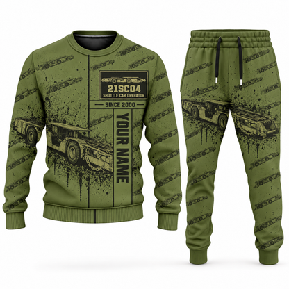 Personalized 21SC04 Low-Seam Shuttle Car Operator Combo Sweater + Jogger in olive, sweater and jogger artwork with YOUR NAME and SINCE 2000 sample text.