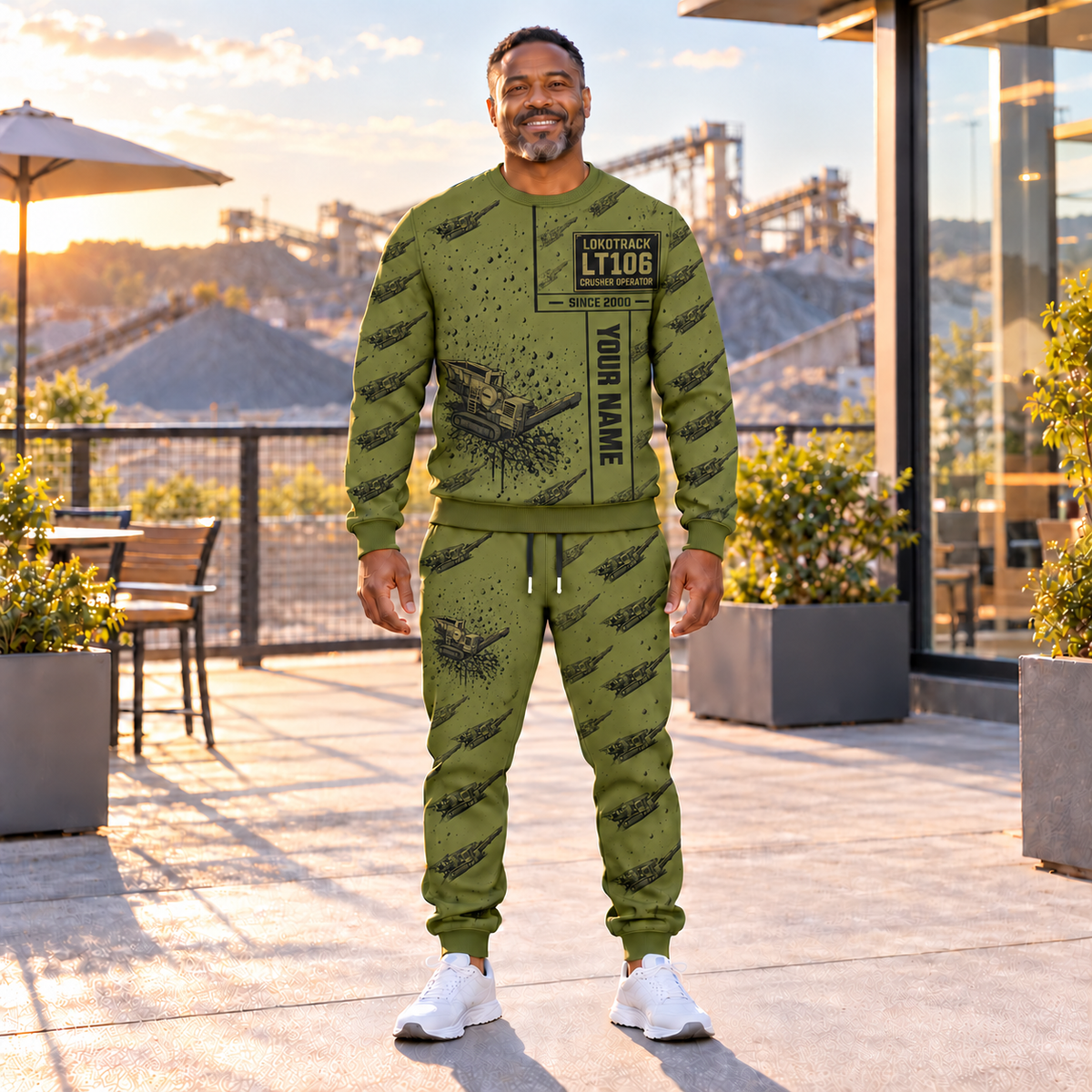 Personalized Lokotrack LT106 Jaw Crusher Operator Combo Sweater + Jogger, Olive hero, YOUR NAME and SINCE 2000.