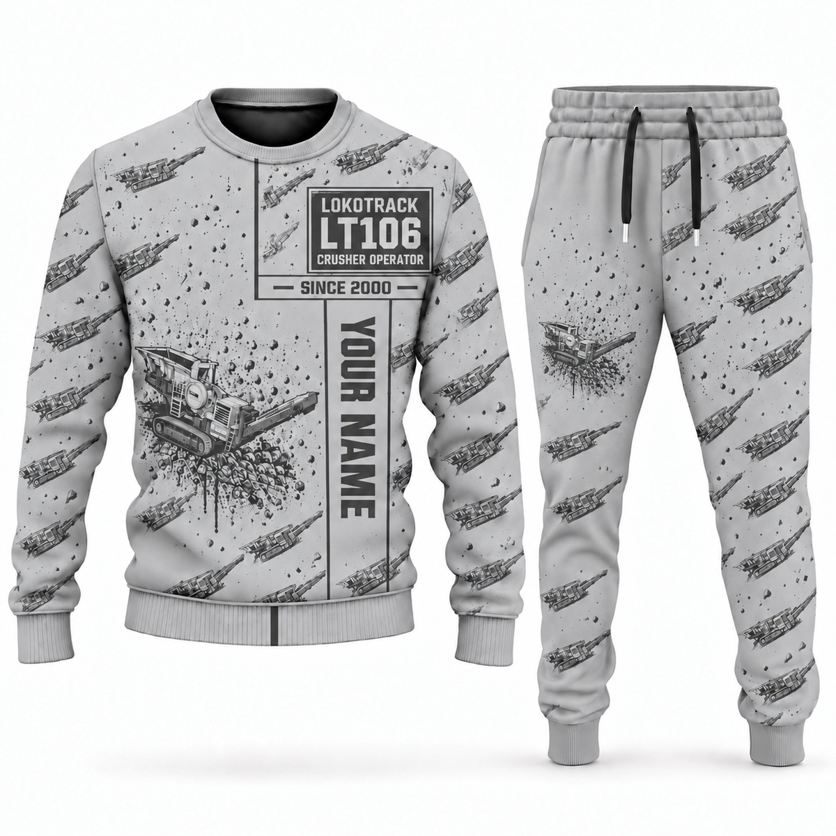 Personalized Lokotrack LT106 Jaw Crusher Operator Combo Sweater + Jogger in lightgray, sweater and jogger artwork with YOUR NAME and SINCE 2000 sample text.