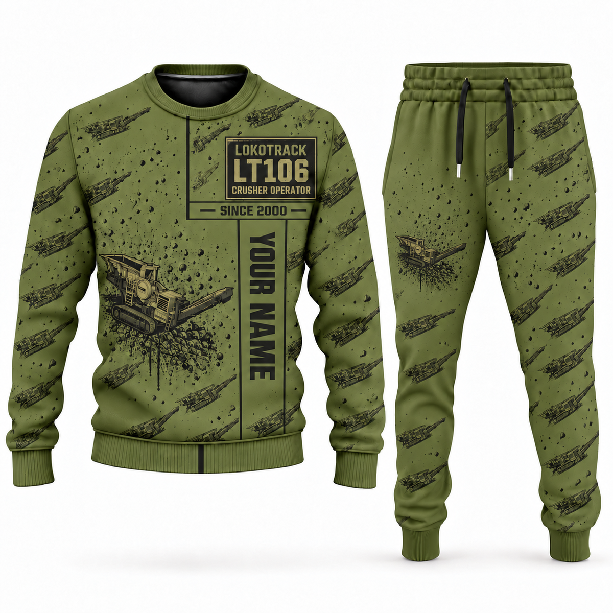 Personalized Lokotrack LT106 Jaw Crusher Operator Combo Sweater + Jogger in olive, sweater and jogger artwork with YOUR NAME and SINCE 2000 sample text.