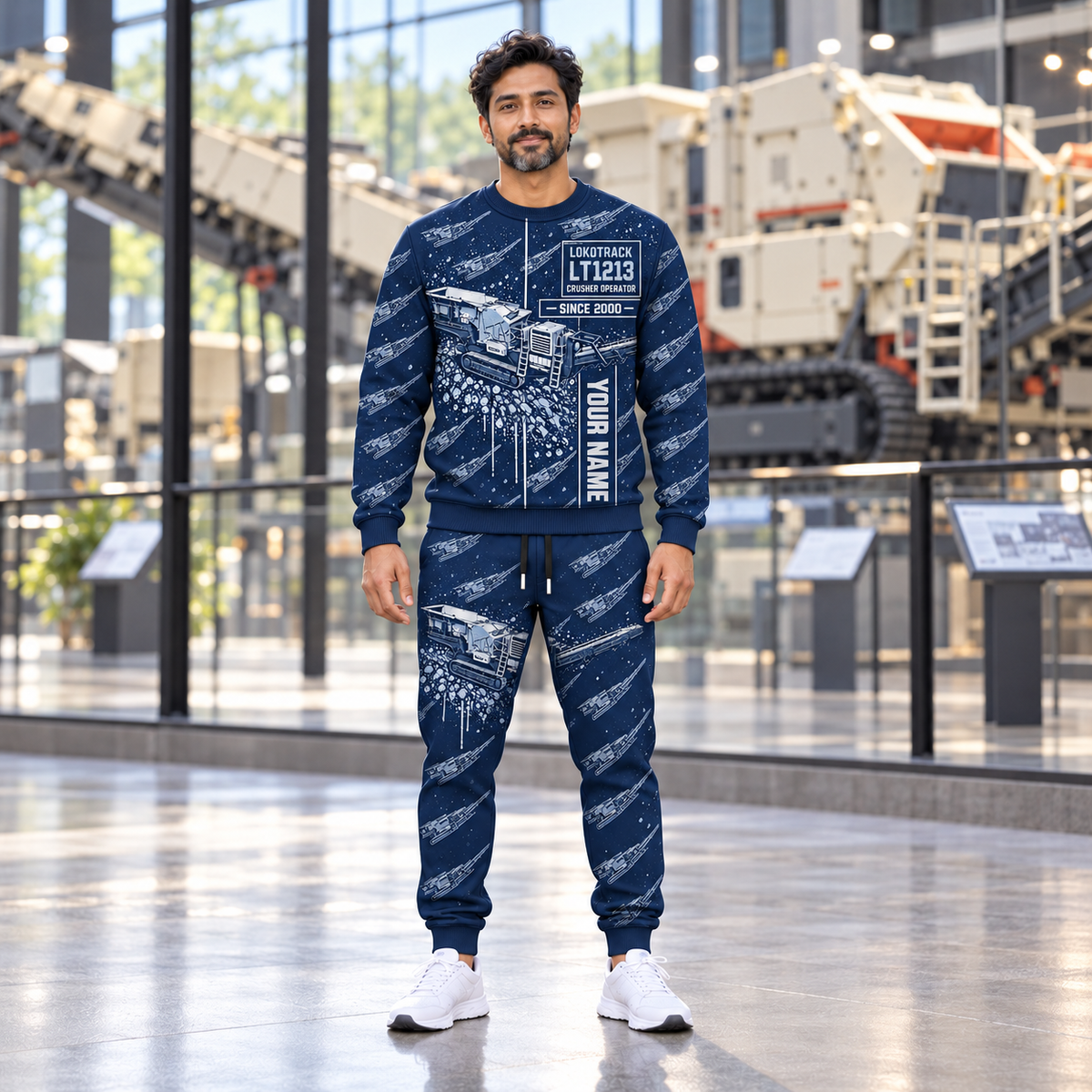 Personalized Lokotrack LT1213 Impact Crusher Operator Combo Sweater + Jogger in Navy, sweater and jogger artwork with YOUR NAME and SINCE 2000 sample text.