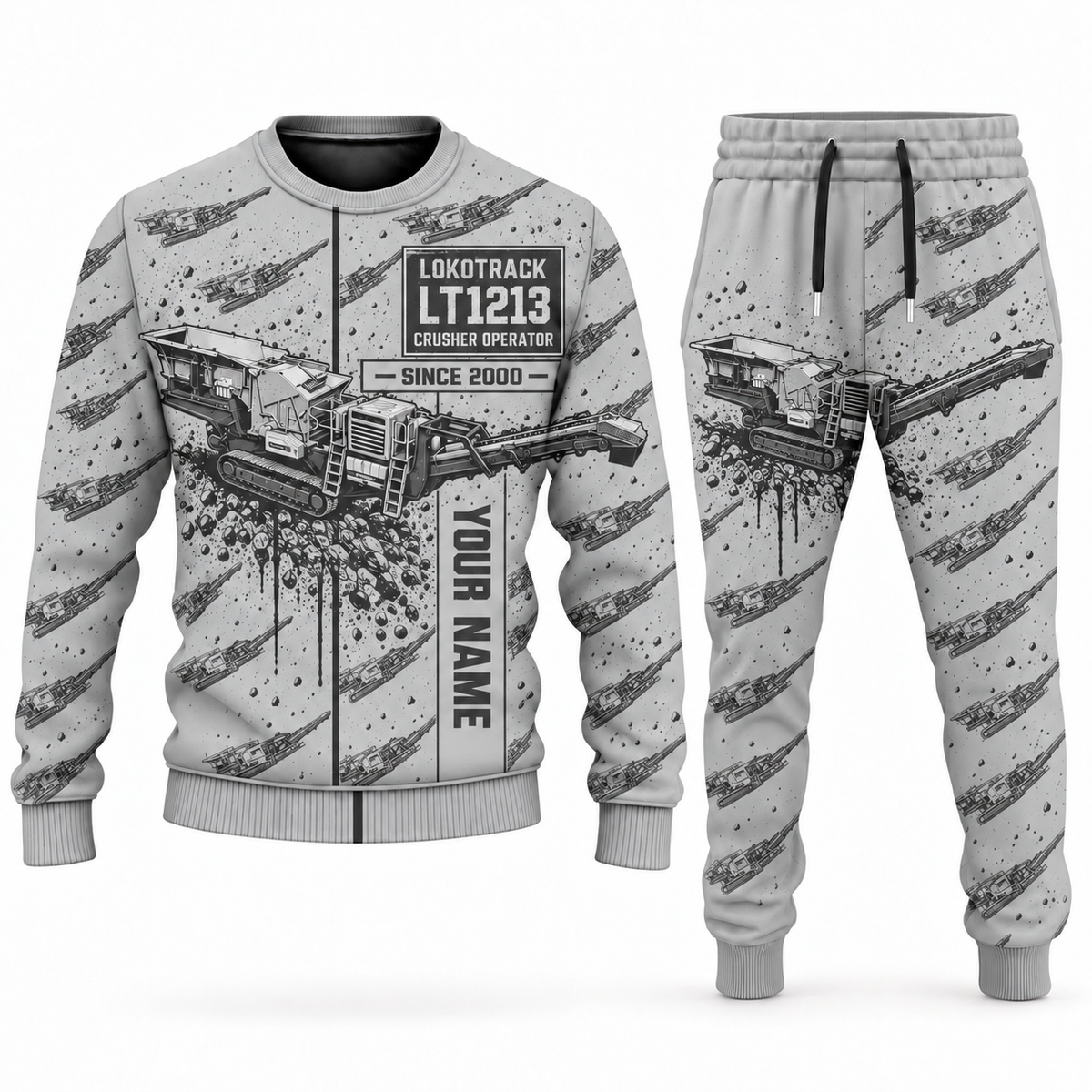 Personalized Lokotrack LT1213 Impact Crusher Operator Combo Sweater + Jogger in lightgray, sweater and jogger artwork with YOUR NAME and SINCE 2000 sample text.