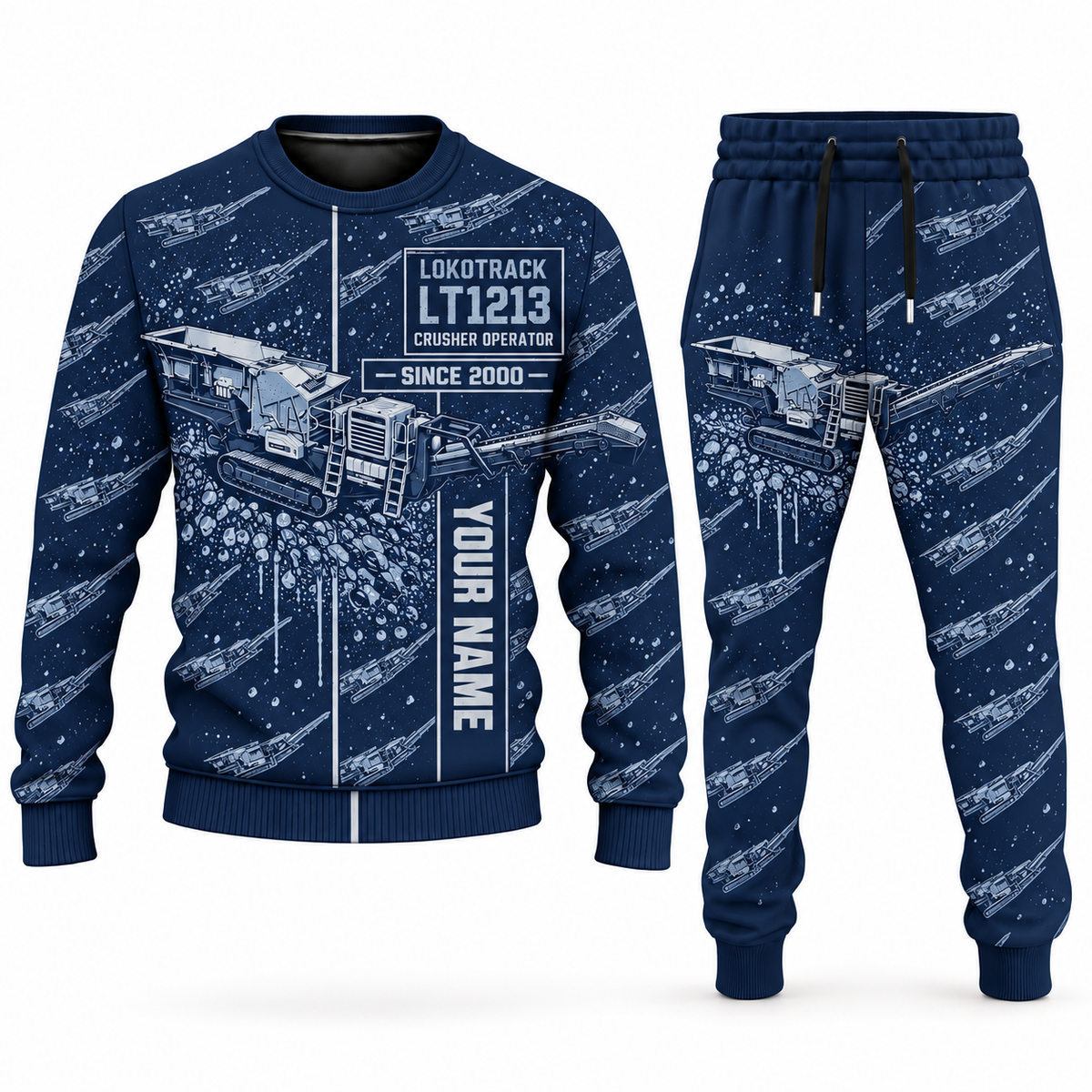 Personalized Lokotrack LT1213 Impact Crusher Operator Combo Sweater + Jogger in navy, sweater and jogger artwork with YOUR NAME and SINCE 2000 sample text.