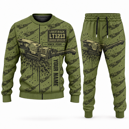 Personalized Lokotrack LT1213 Impact Crusher Operator Combo Sweater + Jogger in olive, sweater and jogger artwork with YOUR NAME and SINCE 2000 sample text.