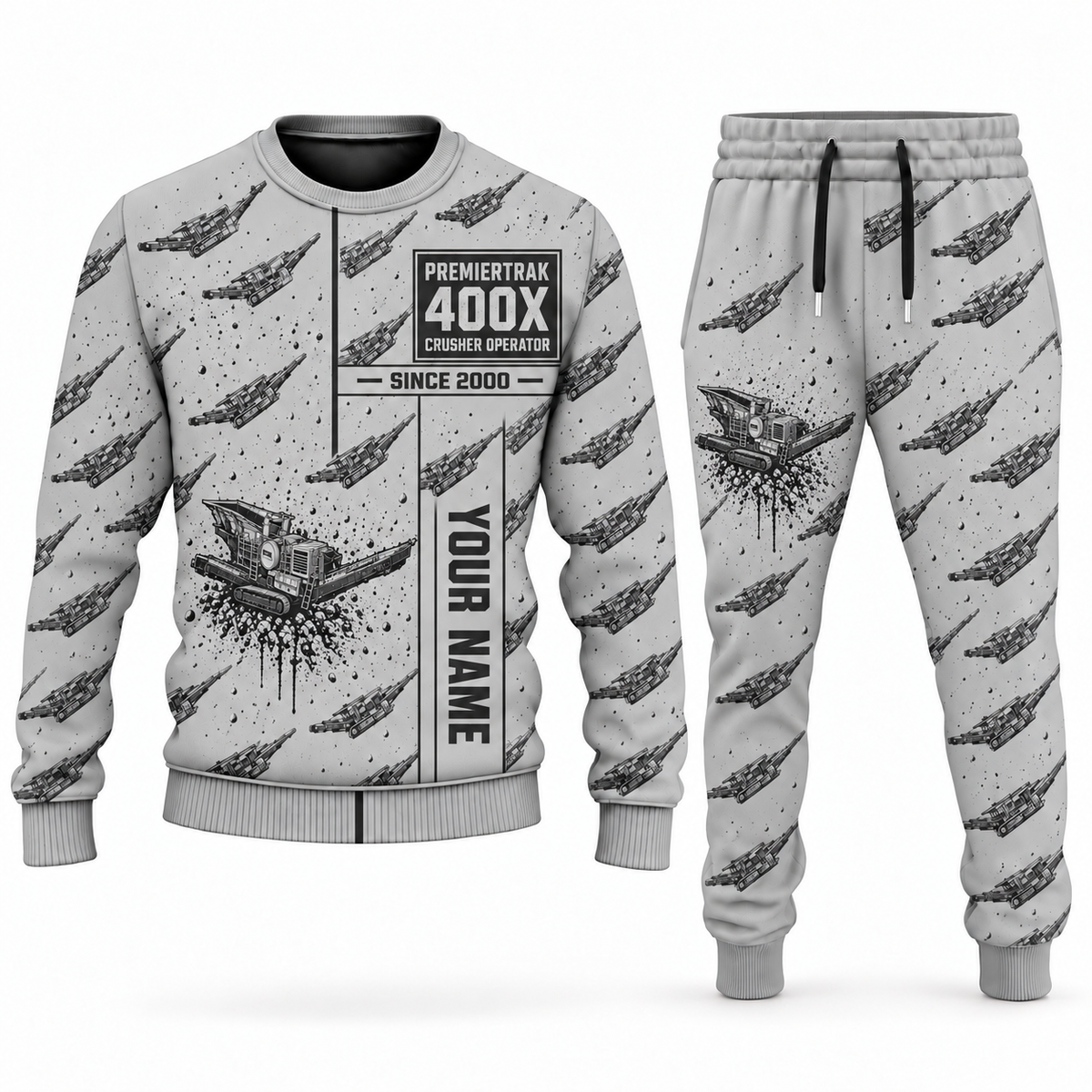 Personalized Premiertrak 400X Jaw Crusher Operator Combo Sweater + Jogger in lightgray, sweater and jogger artwork with YOUR NAME and SINCE 2000 sample text.