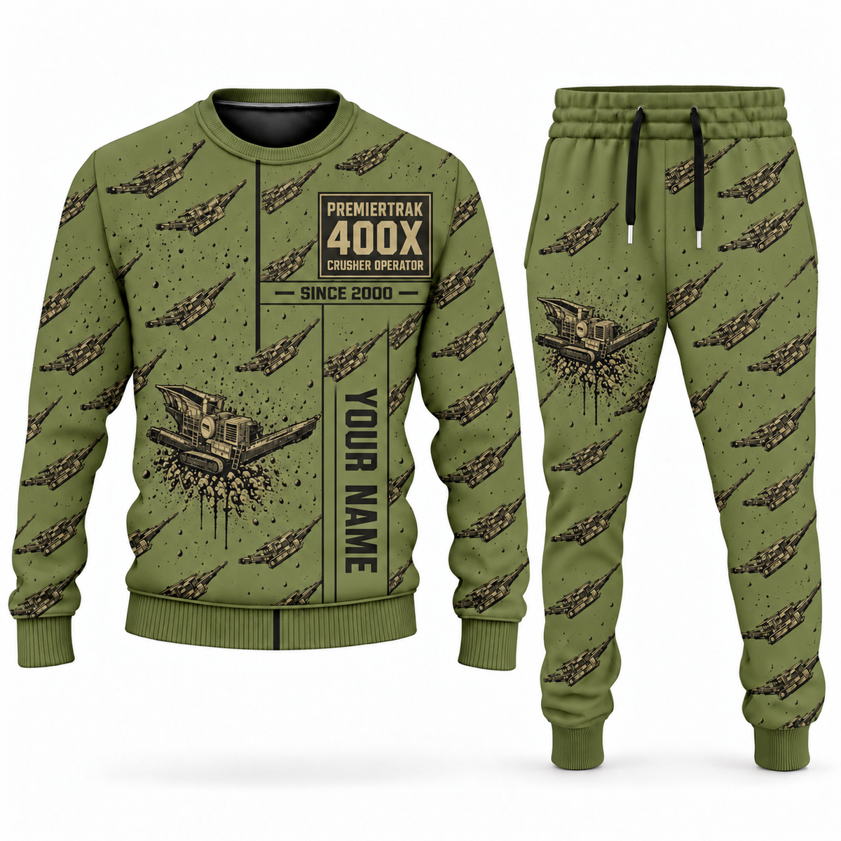 Personalized Premiertrak 400X Jaw Crusher Operator Combo Sweater + Jogger in olive, sweater and jogger artwork with YOUR NAME and SINCE 2000 sample text.
