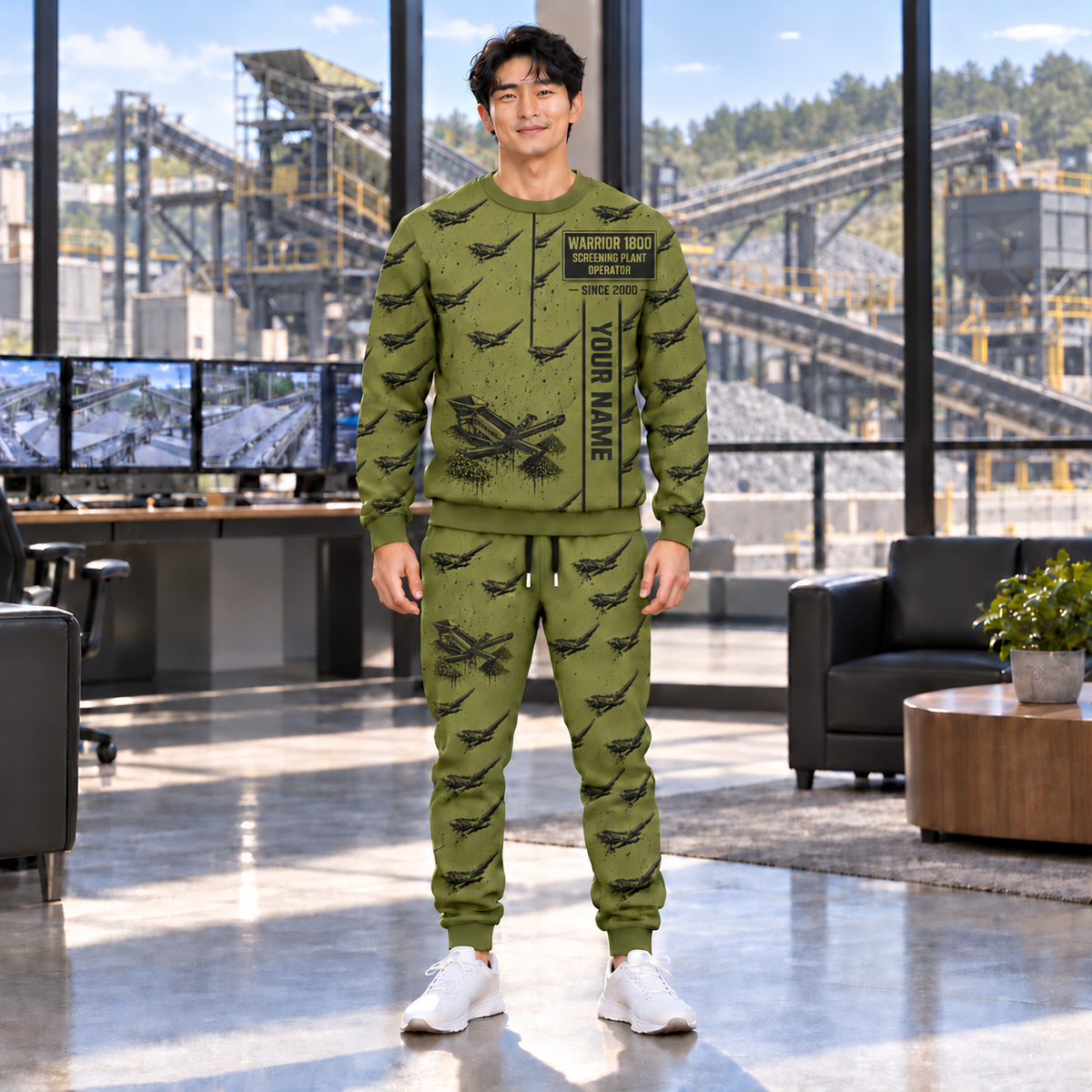 Personalized Warrior 1800 Screener Operator Combo Sweater + Jogger in Olive, sweater and jogger artwork with YOUR NAME and SINCE 2000 sample text.