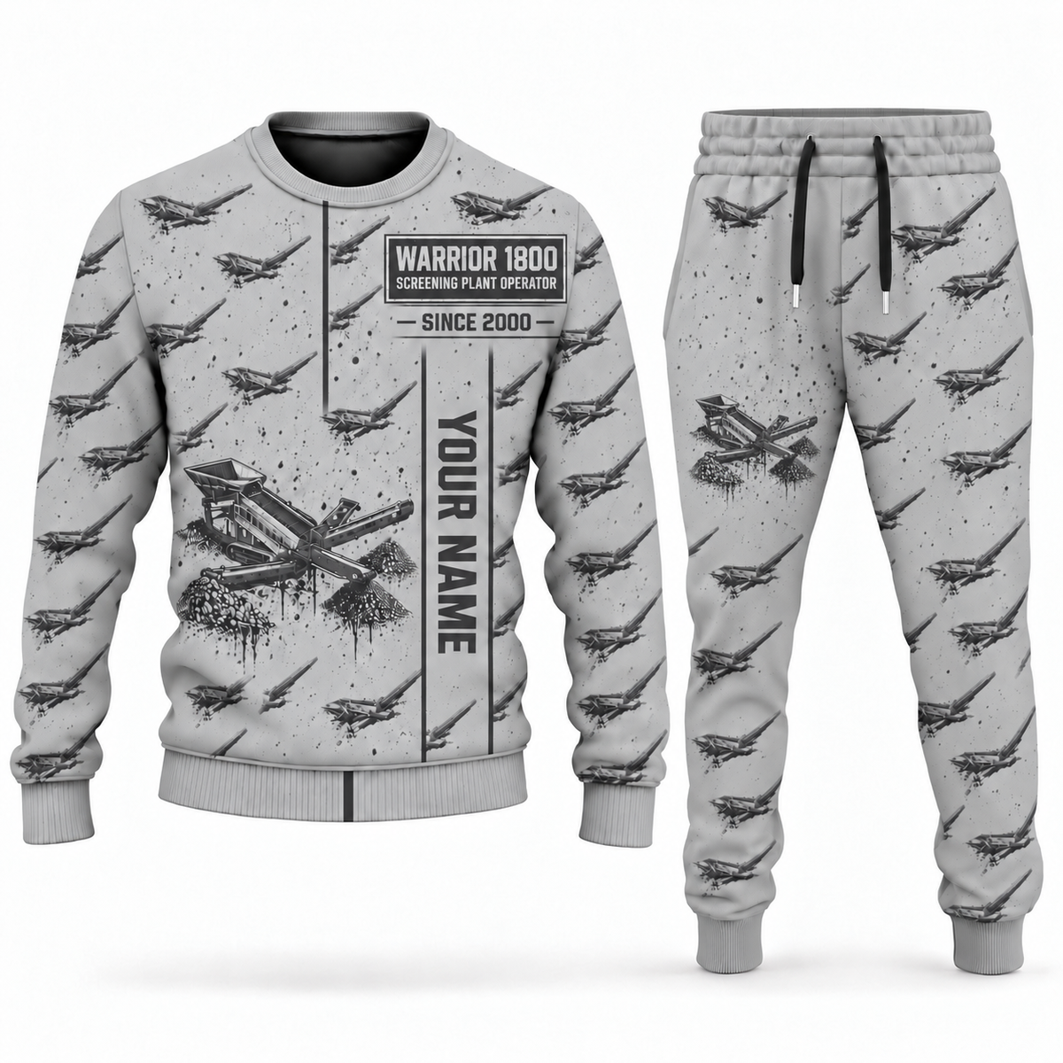 Personalized Warrior 1800 Screener Operator Combo Sweater + Jogger in lightgray, sweater and jogger artwork with YOUR NAME and SINCE 2000 sample text.