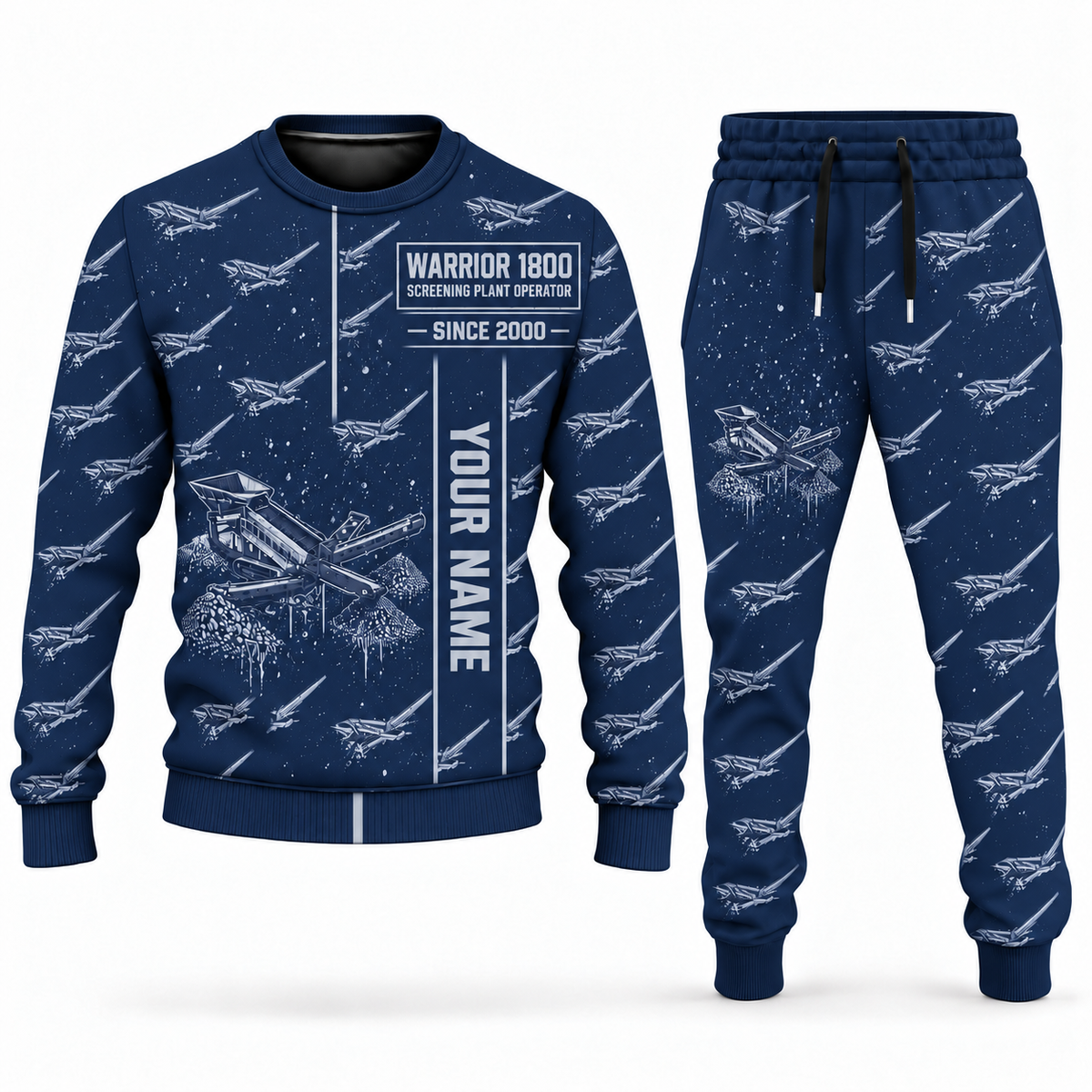 Personalized Warrior 1800 Screener Operator Combo Sweater + Jogger in navy, sweater and jogger artwork with YOUR NAME and SINCE 2000 sample text.