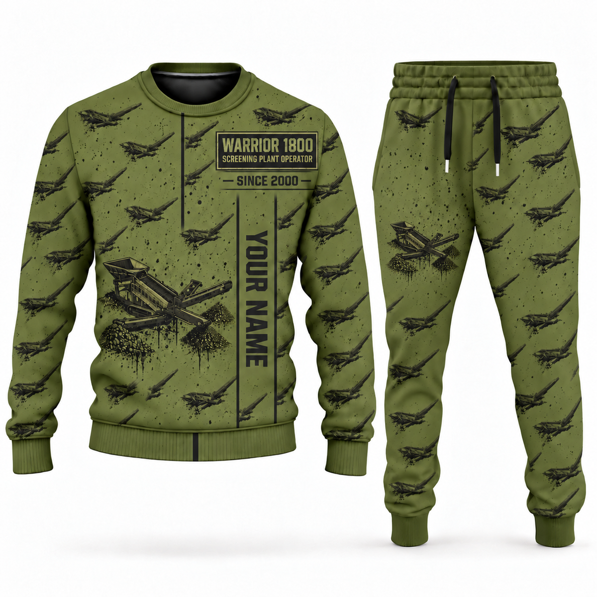 Personalized Warrior 1800 Screener Operator Combo Sweater + Jogger in olive, sweater and jogger artwork with YOUR NAME and SINCE 2000 sample text.