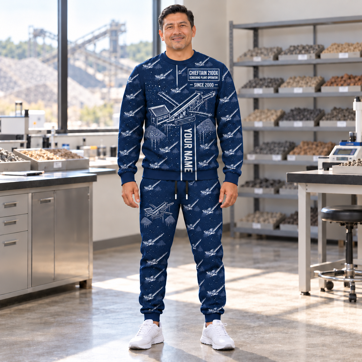 Personalized Chieftain 2100X 3-Deck Screener Operator Combo Sweater + Jogger in Navy, sweater and jogger artwork with YOUR NAME and SINCE 2000 sample text.
