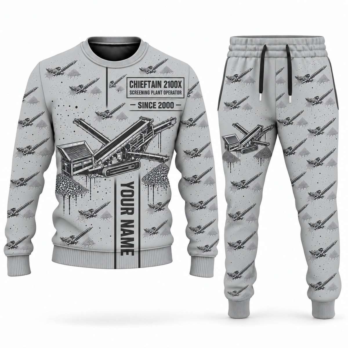 Personalized Chieftain 2100X 3-Deck Screener Operator Combo Sweater + Jogger in lightgray, sweater and jogger artwork with YOUR NAME and SINCE 2000 sample text.