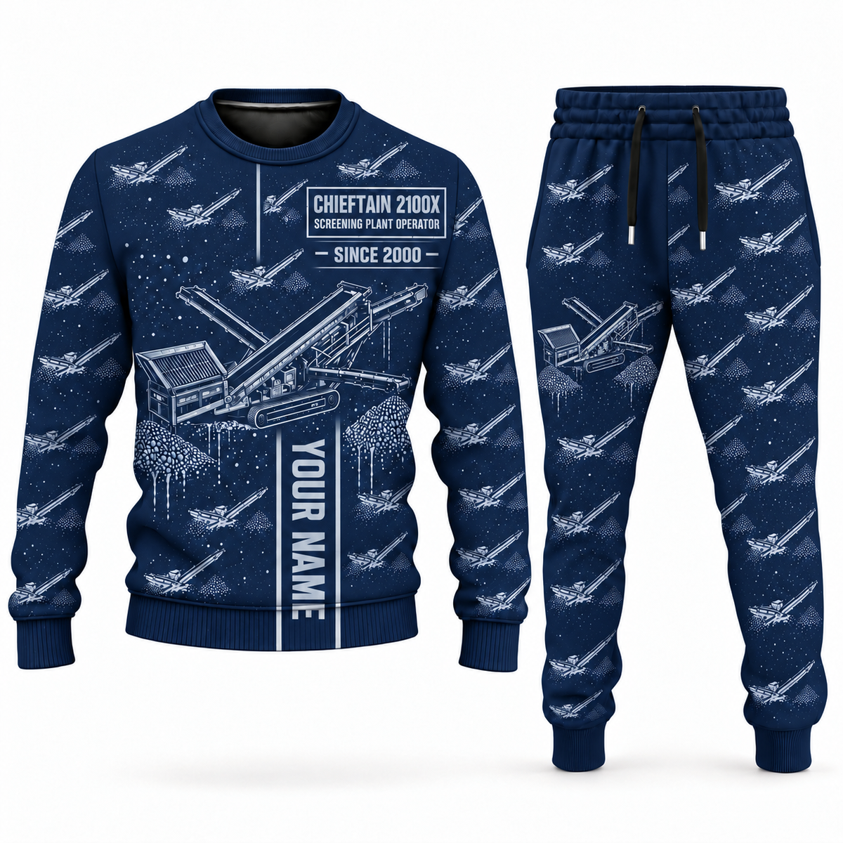 Personalized Chieftain 2100X 3-Deck Screener Operator Combo Sweater + Jogger in navy, sweater and jogger artwork with YOUR NAME and SINCE 2000 sample text.