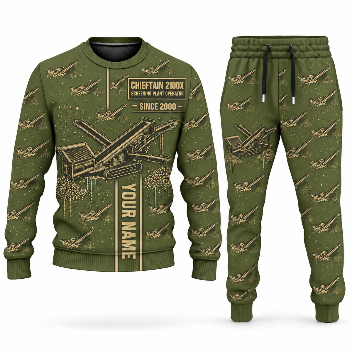 Personalized Chieftain 2100X 3-Deck Screener Operator Combo Sweater + Jogger in olive, sweater and jogger artwork with YOUR NAME and SINCE 2000 sample text.