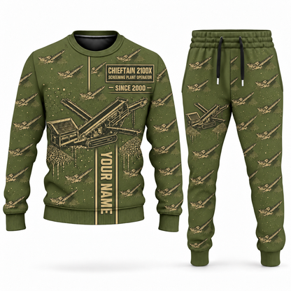 Personalized Chieftain 2100X 3-Deck Screener Operator Combo Sweater + Jogger in olive, sweater and jogger artwork with YOUR NAME and SINCE 2000 sample text.