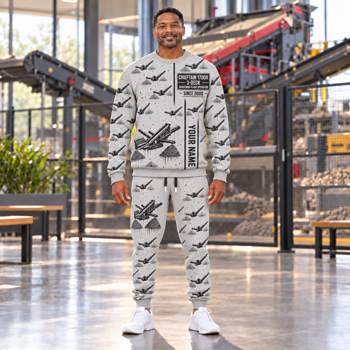 Personalized Chieftain 1700X 3-Deck Screener Operator Combo Sweater + Jogger in Light Gray, sweater and jogger artwork with YOUR NAME and SINCE 2000 sample text.