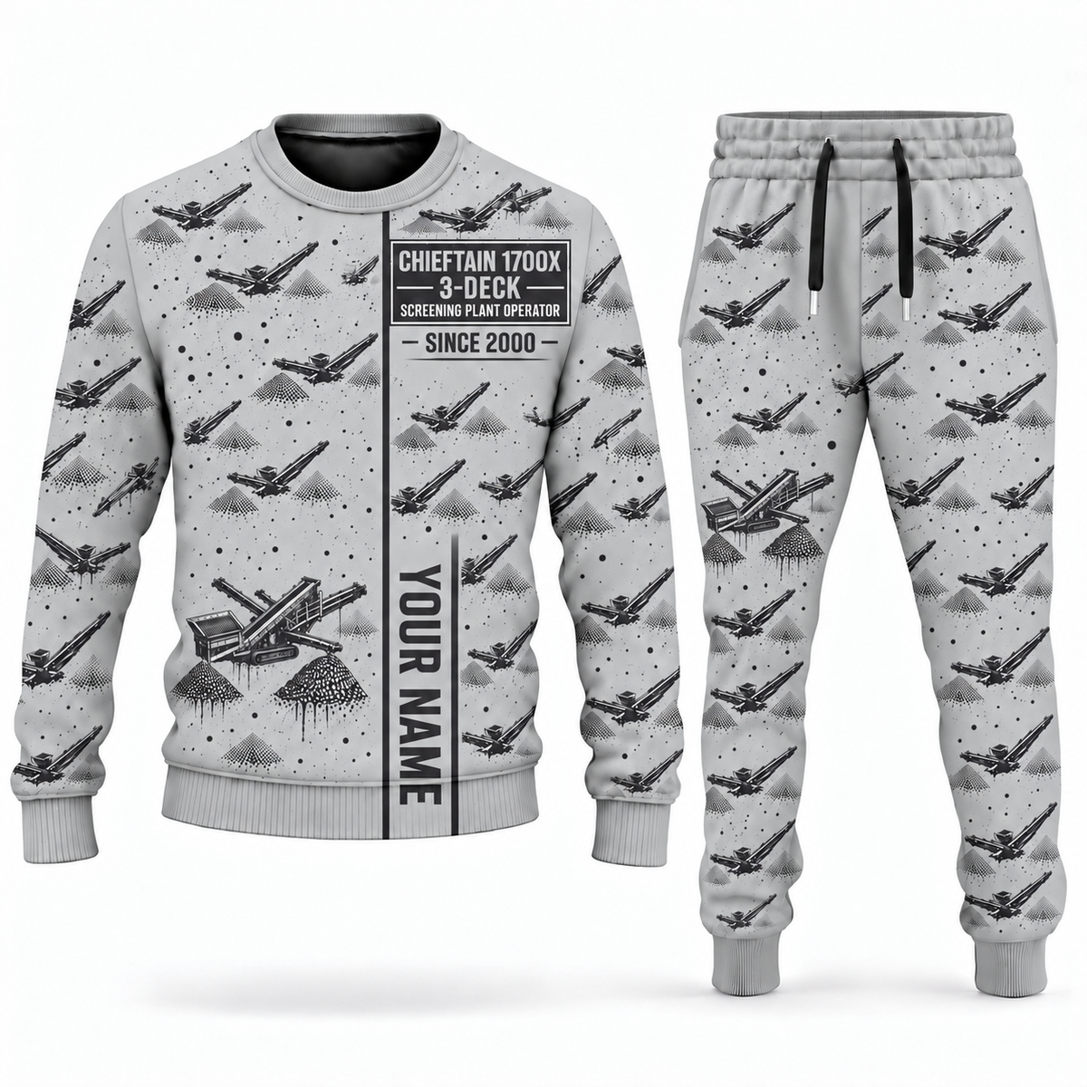 Personalized Chieftain 1700X 3-Deck Screener Operator Combo Sweater + Jogger in lightgray, sweater and jogger artwork with YOUR NAME and SINCE 2000 sample text.