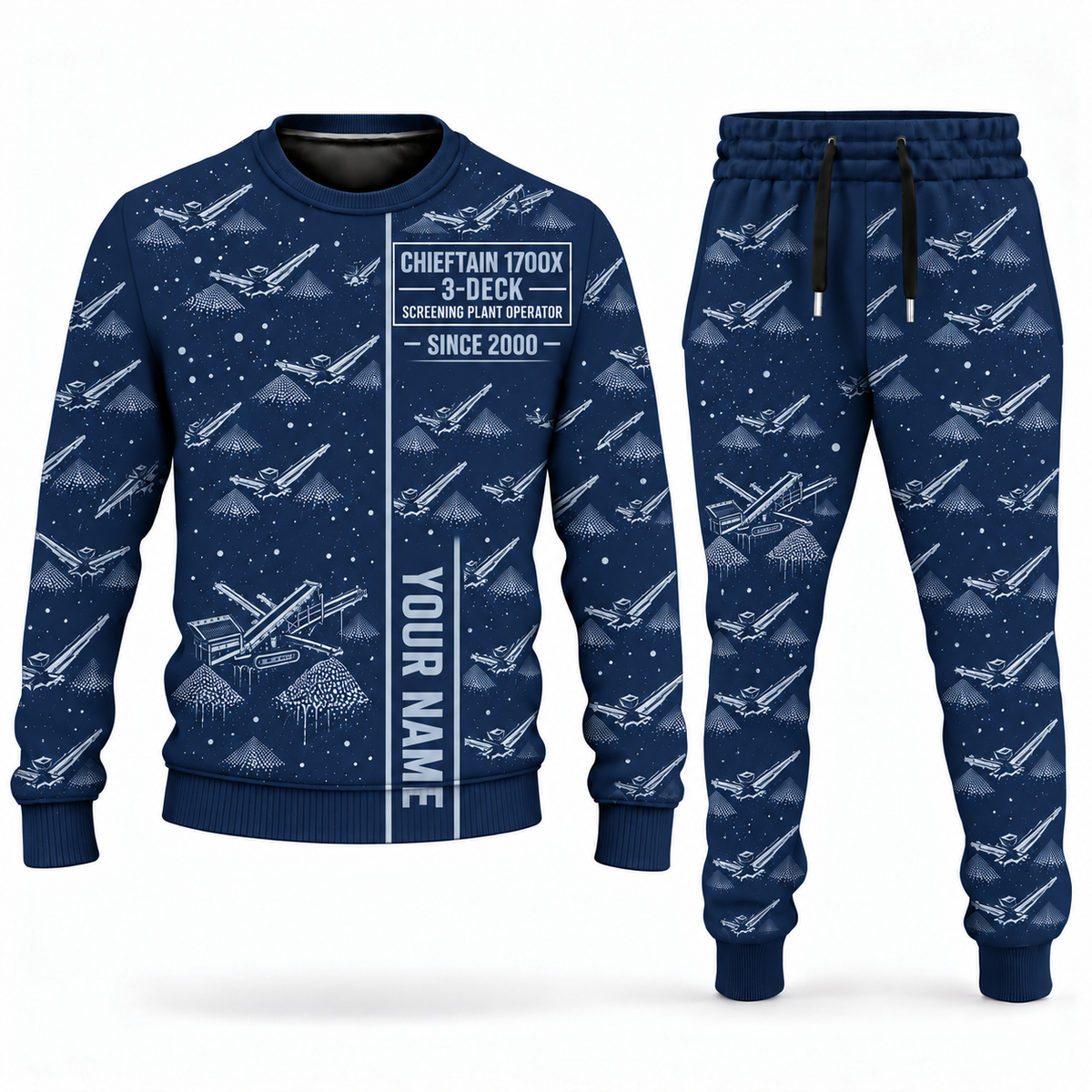 Personalized Chieftain 1700X 3-Deck Screener Operator Combo Sweater + Jogger in navy, sweater and jogger artwork with YOUR NAME and SINCE 2000 sample text.