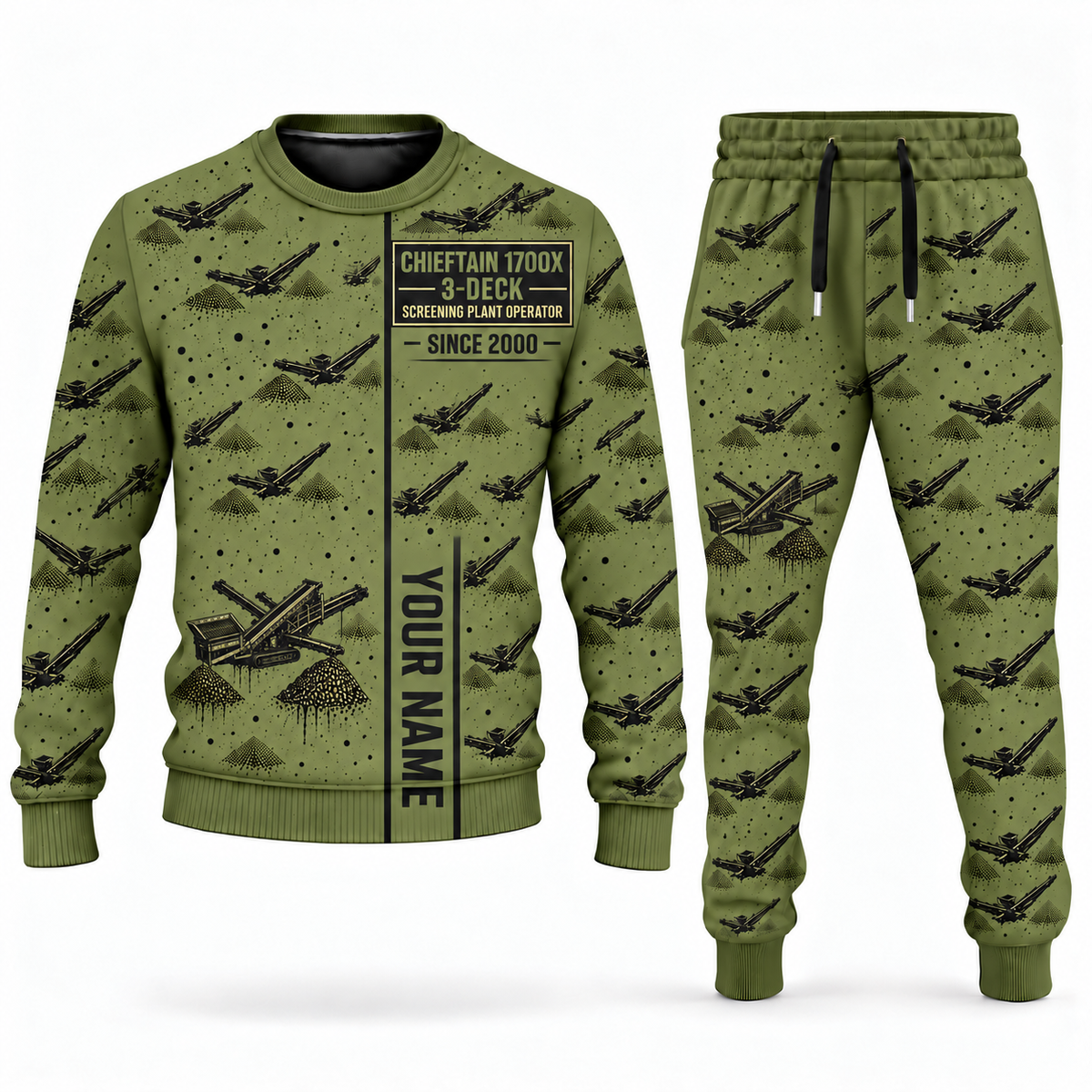 Personalized Chieftain 1700X 3-Deck Screener Operator Combo Sweater + Jogger in olive, sweater and jogger artwork with YOUR NAME and SINCE 2000 sample text.