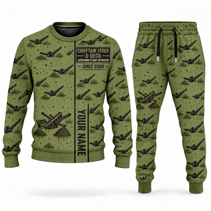 Personalized Chieftain 1700X 3-Deck Screener Operator Combo Sweater + Jogger in olive, sweater and jogger artwork with YOUR NAME and SINCE 2000 sample text.