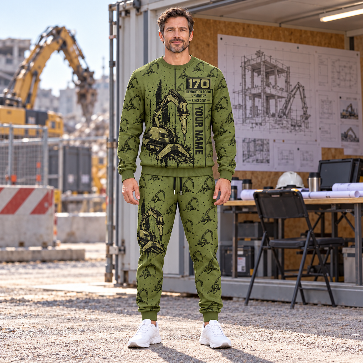 Personalized Brokk 170 Demolition Robot Operator Combo Sweater + Jogger in Olive, sweater and jogger artwork with YOUR NAME and SINCE 2000 sample text.