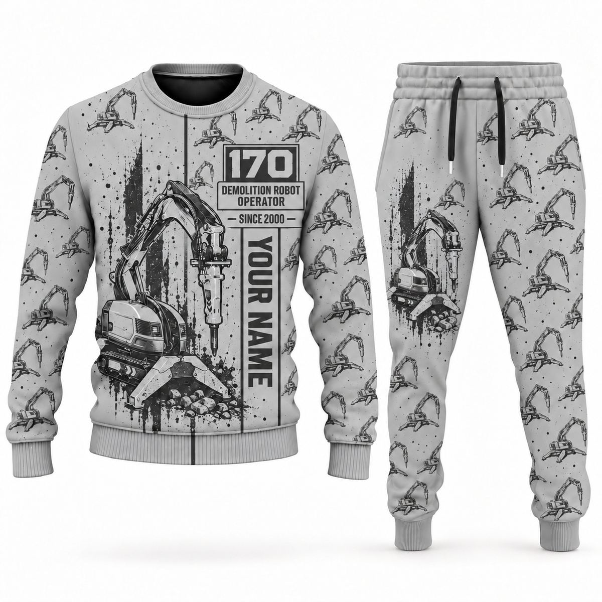 Personalized Brokk 170 Demolition Robot Operator Combo Sweater + Jogger in lightgray, sweater and jogger artwork with YOUR NAME and SINCE 2000 sample text.