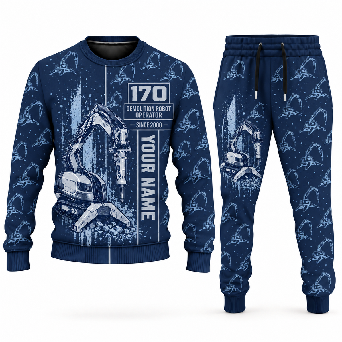Personalized Brokk 170 Demolition Robot Operator Combo Sweater + Jogger in navy, sweater and jogger artwork with YOUR NAME and SINCE 2000 sample text.