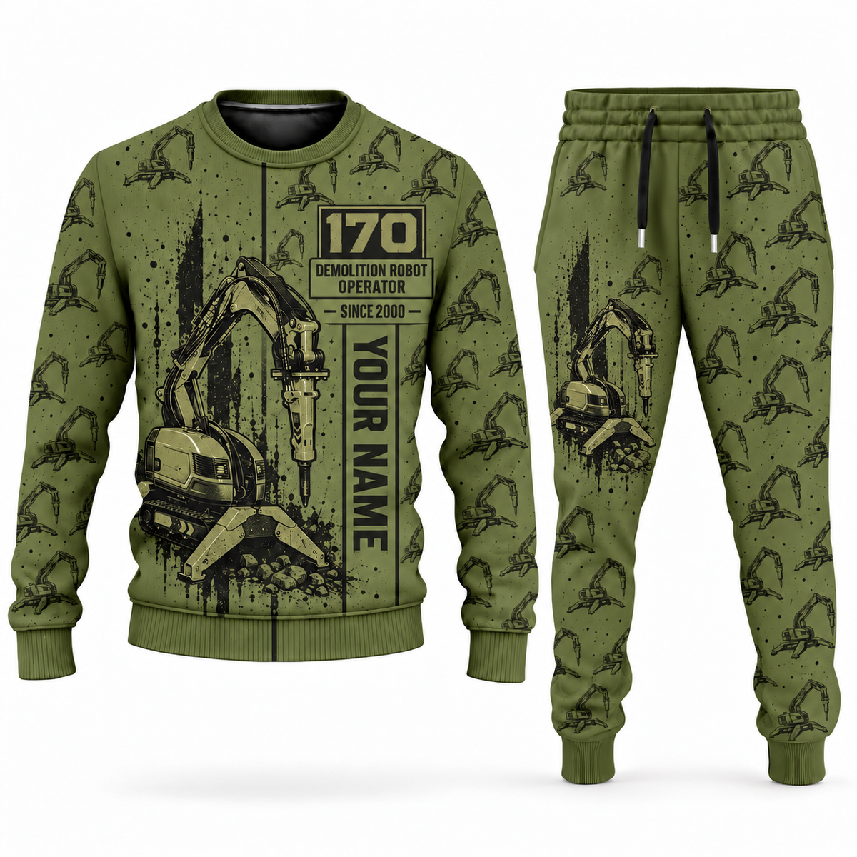 Personalized Brokk 170 Demolition Robot Operator Combo Sweater + Jogger in olive, sweater and jogger artwork with YOUR NAME and SINCE 2000 sample text.