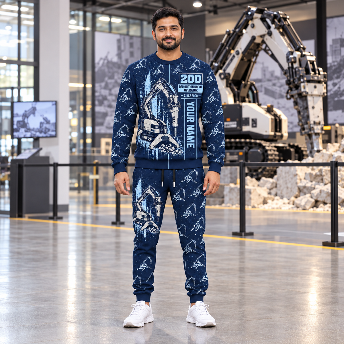 Personalized Brokk 200 Demolition Robot Operator Combo Sweater + Jogger in Navy, sweater and jogger artwork with YOUR NAME and SINCE 2000 sample text.