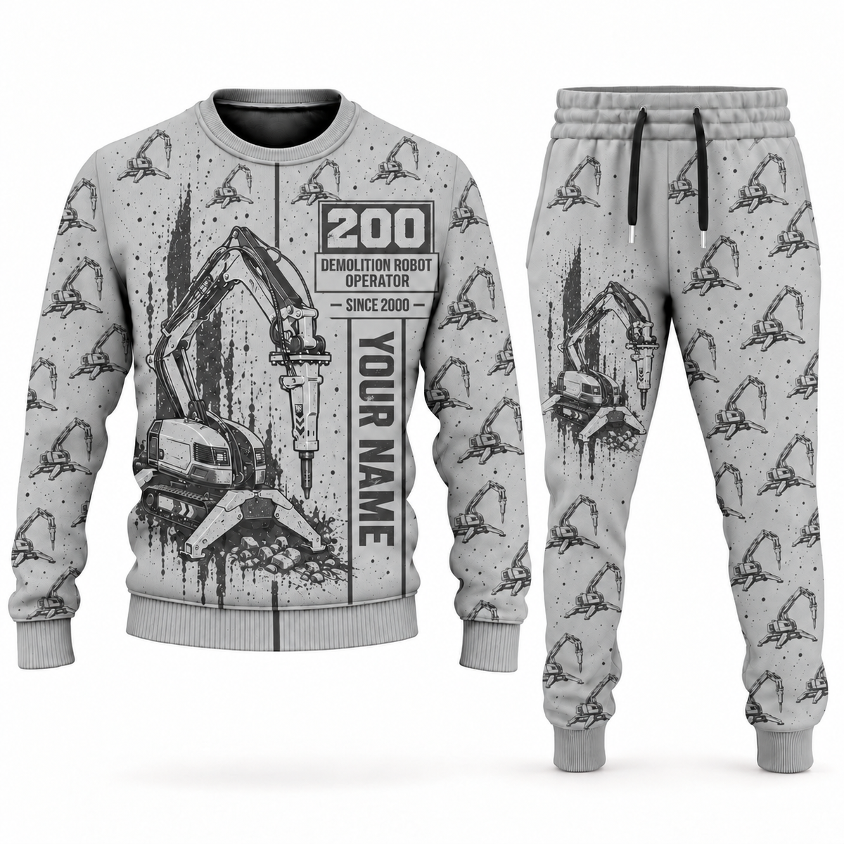 Personalized Brokk 200 Demolition Robot Operator Combo Sweater + Jogger in lightgray, sweater and jogger artwork with YOUR NAME and SINCE 2000 sample text.