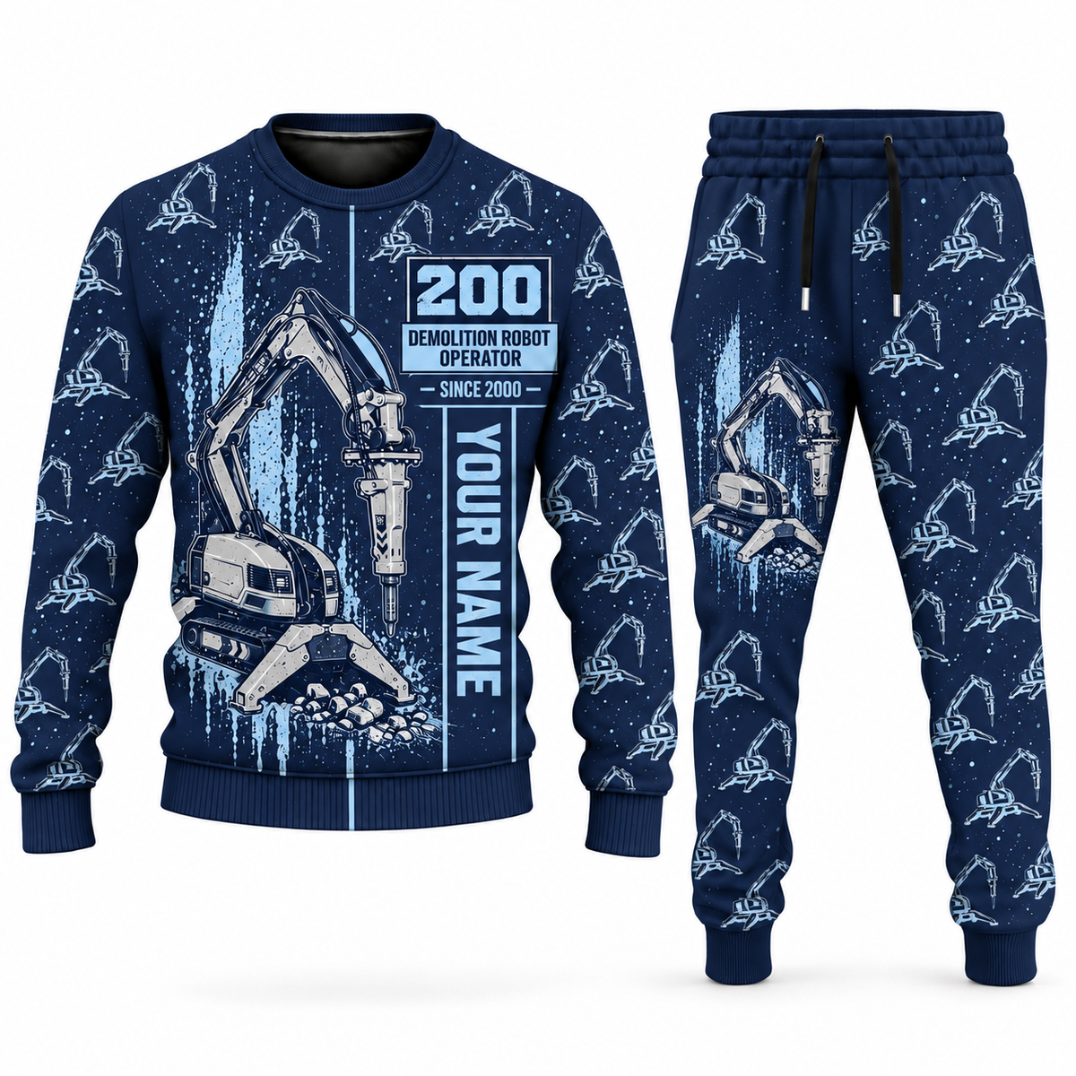 Personalized Brokk 200 Demolition Robot Operator Combo Sweater + Jogger in navy, sweater and jogger artwork with YOUR NAME and SINCE 2000 sample text.