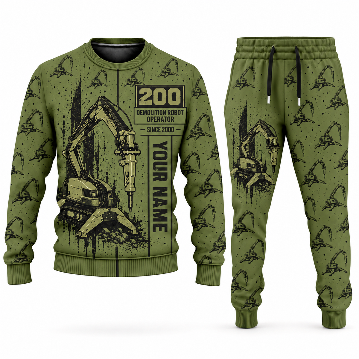 Personalized Brokk 200 Demolition Robot Operator Combo Sweater + Jogger in olive, sweater and jogger artwork with YOUR NAME and SINCE 2000 sample text.