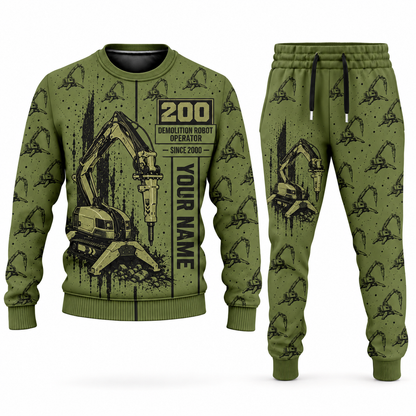 Personalized Brokk 200 Demolition Robot Operator Combo Sweater + Jogger in olive, sweater and jogger artwork with YOUR NAME and SINCE 2000 sample text.