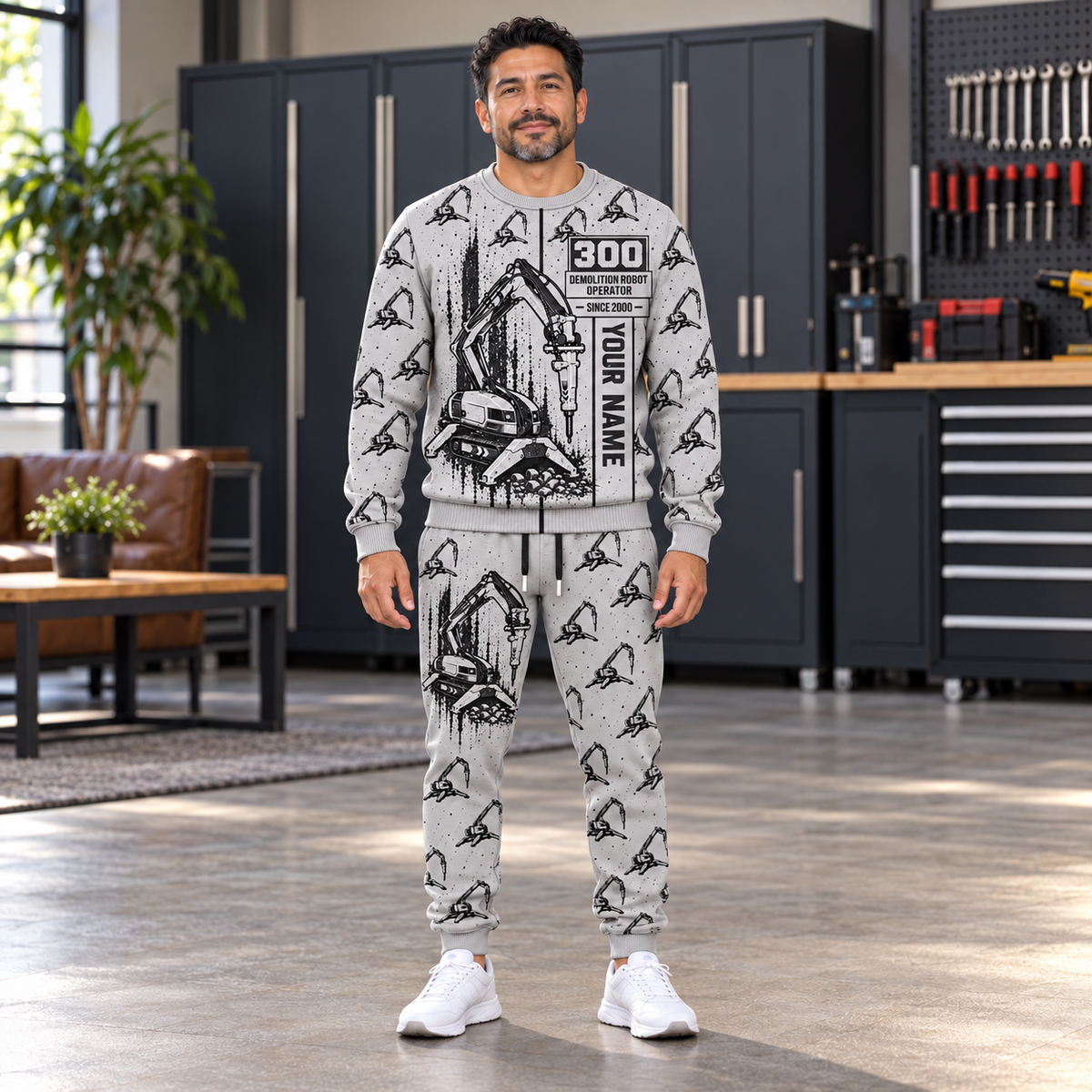 Personalized Brokk 300 Demolition Robot Operator Combo Sweater + Jogger in Light Gray, sweater and jogger artwork with YOUR NAME and SINCE 2000 sample text.