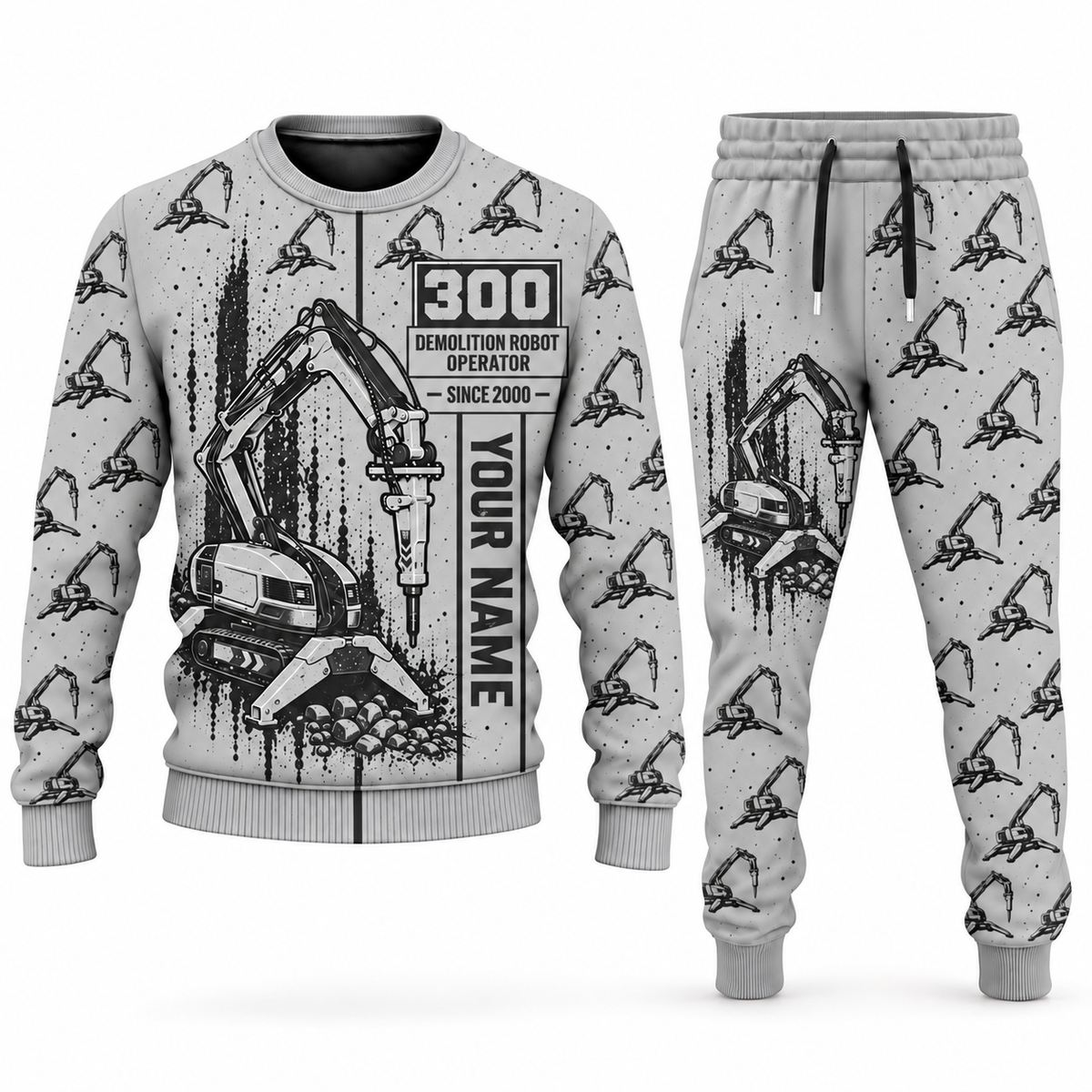 Personalized Brokk 300 Demolition Robot Operator Combo Sweater + Jogger in lightgray, sweater and jogger artwork with YOUR NAME and SINCE 2000 sample text.