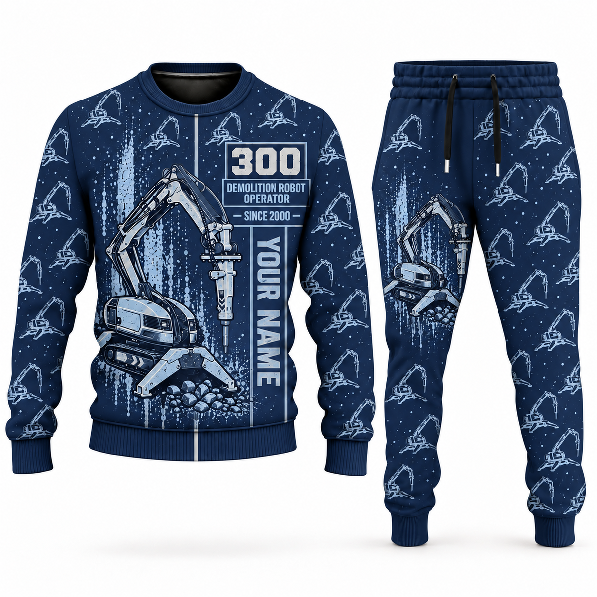 Personalized Brokk 300 Demolition Robot Operator Combo Sweater + Jogger in navy, sweater and jogger artwork with YOUR NAME and SINCE 2000 sample text.