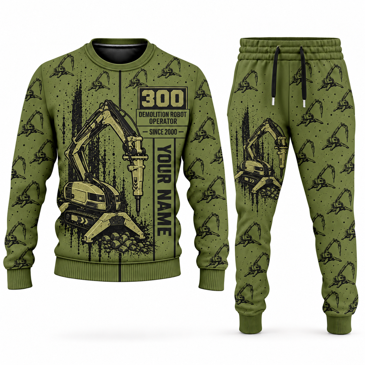 Personalized Brokk 300 Demolition Robot Operator Combo Sweater + Jogger in olive, sweater and jogger artwork with YOUR NAME and SINCE 2000 sample text.