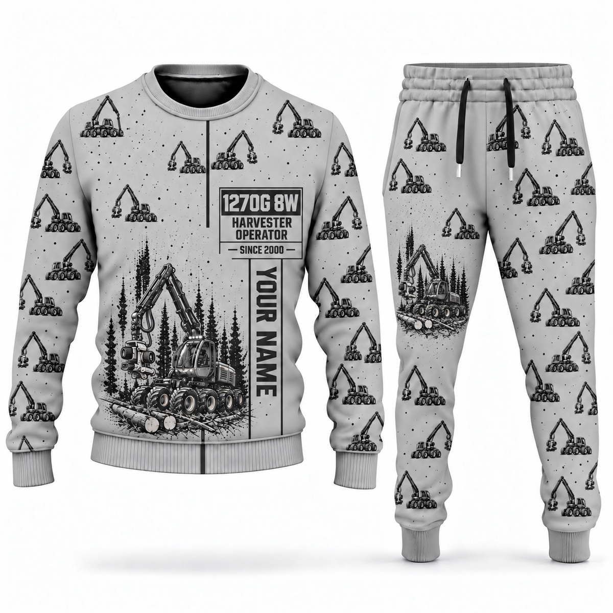 Personalized John Deere 1270G 8W Harvester Operator Combo Sweater + Jogger in lightgray, sweater and jogger artwork with YOUR NAME and SINCE 2000 sample text.