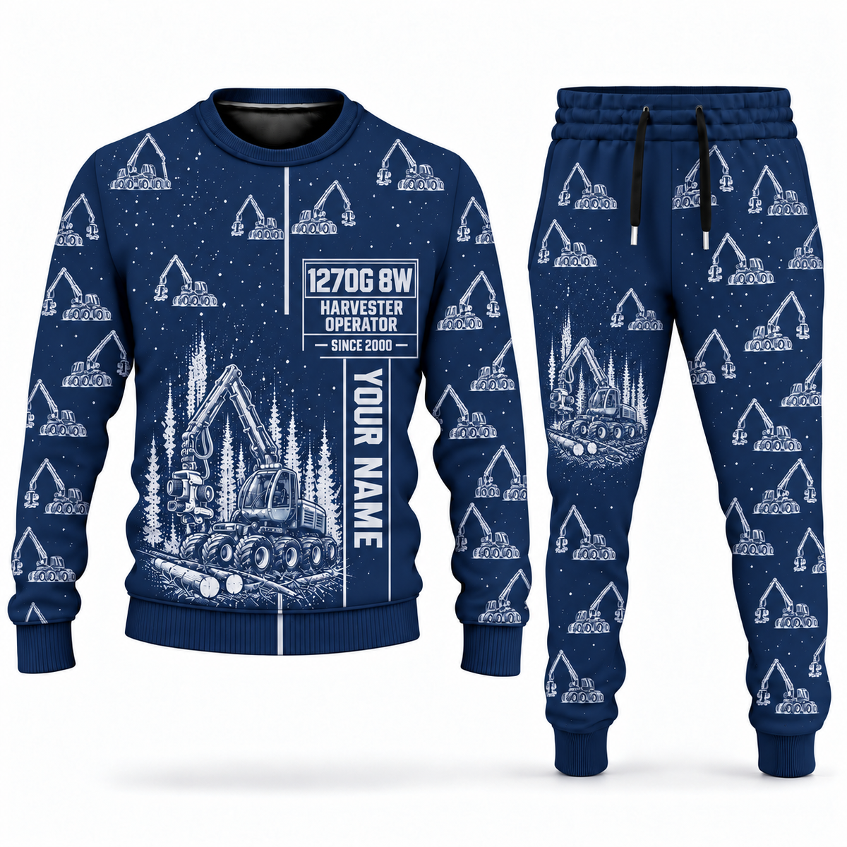 Personalized John Deere 1270G 8W Harvester Operator Combo Sweater + Jogger in navy, sweater and jogger artwork with YOUR NAME and SINCE 2000 sample text.