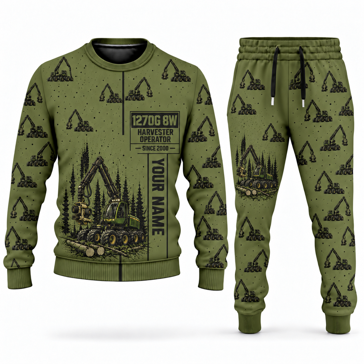 Personalized John Deere 1270G 8W Harvester Operator Combo Sweater + Jogger in olive, sweater and jogger artwork with YOUR NAME and SINCE 2000 sample text.