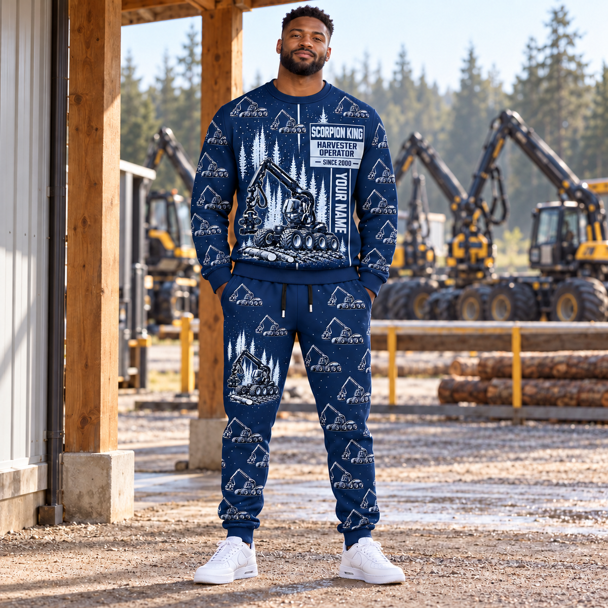 Personalized Ponsse Scorpion King Harvester Operator Combo Sweater + Jogger in Navy, sweater and jogger artwork with YOUR NAME and SINCE 2000 sample text.