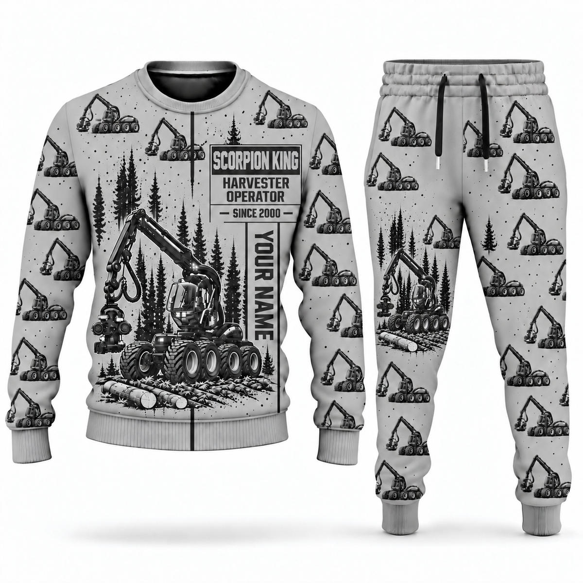 Personalized Ponsse Scorpion King Harvester Operator Combo Sweater + Jogger in lightgray, sweater and jogger artwork with YOUR NAME and SINCE 2000 sample text.