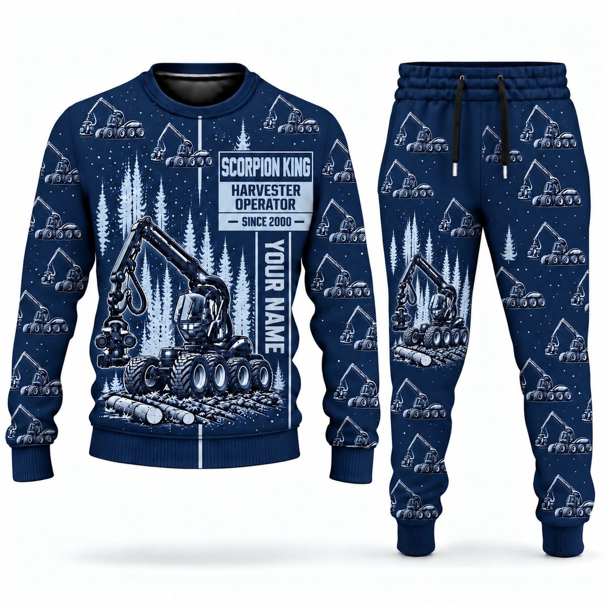 Personalized Ponsse Scorpion King Harvester Operator Combo Sweater + Jogger in navy, sweater and jogger artwork with YOUR NAME and SINCE 2000 sample text.