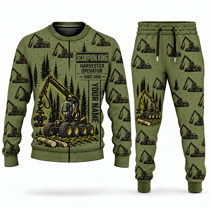 Personalized Ponsse Scorpion King Harvester Operator Combo Sweater + Jogger in olive, sweater and jogger artwork with YOUR NAME and SINCE 2000 sample text.