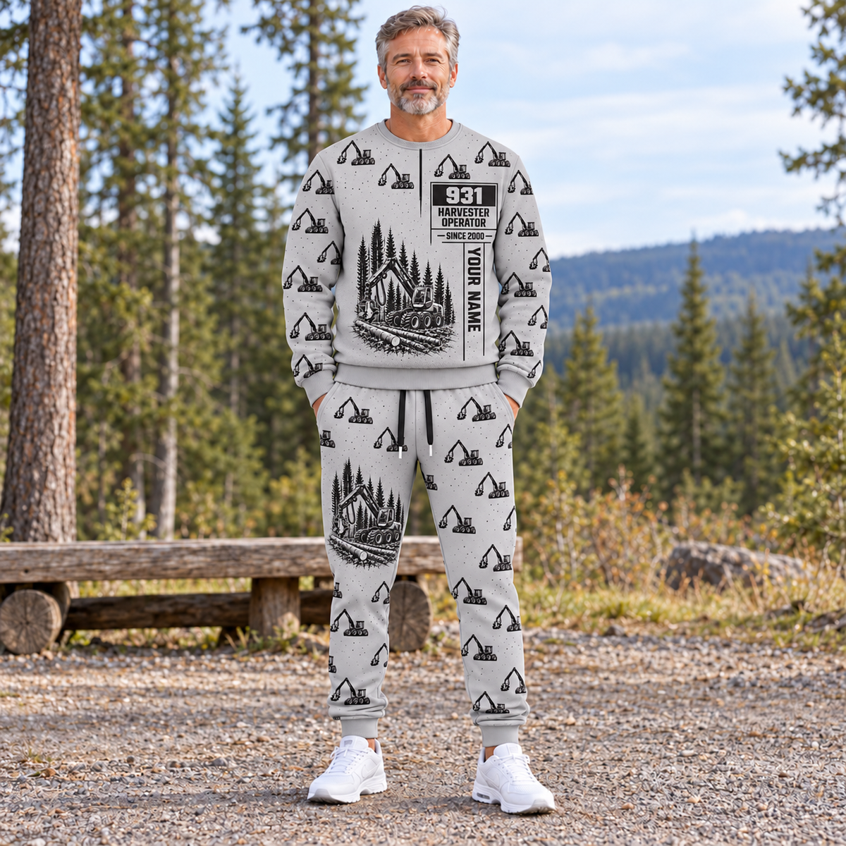 Personalized Komatsu 931 Harvester Operator Combo Sweater + Jogger in Light Gray, sweater and jogger artwork with YOUR NAME and SINCE 2000 sample text.