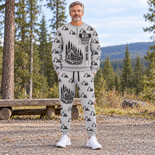 Personalized Komatsu 931 Harvester Operator Combo Sweater + Jogger in Light Gray, sweater and jogger artwork with YOUR NAME and SINCE 2000 sample text.